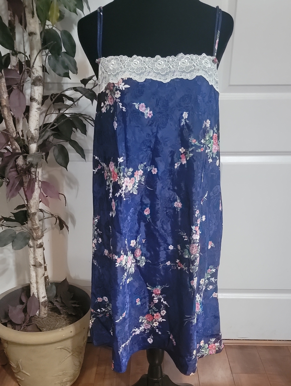 (#39) Floral Navy Satin Lace-Trim Chemise